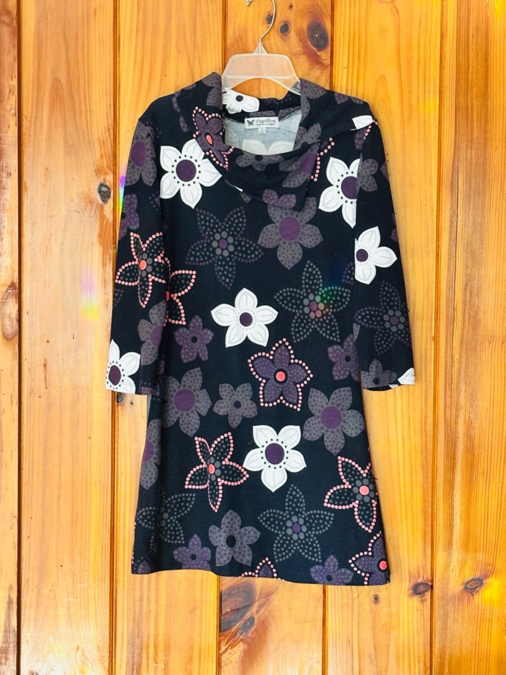 SO CUTE!! Floral Black A-Line Dress/ tunic with Cowl Neck